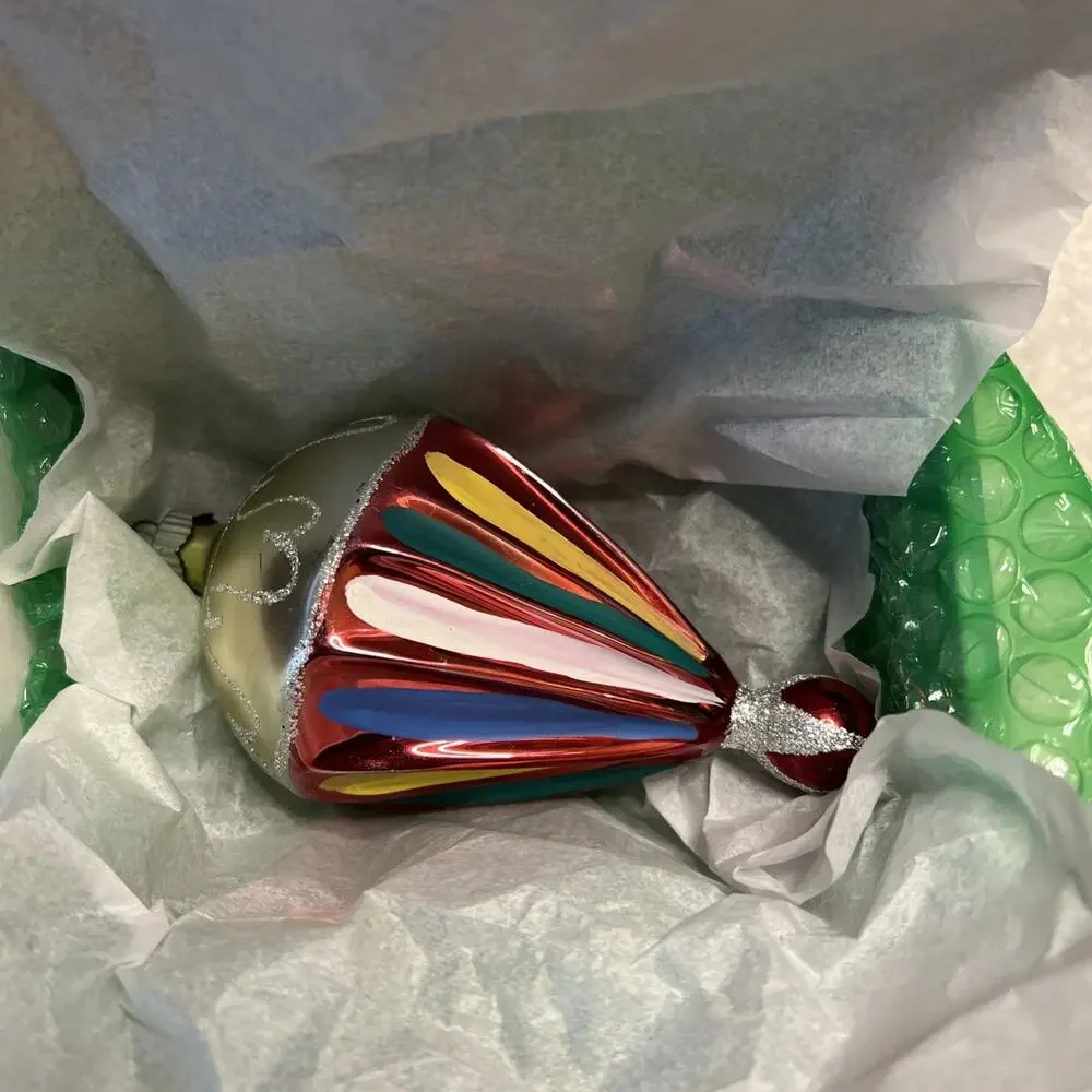 Vintage Blown Glass Glitter Fluted PARACHUTE DROP Christmas Ornament Red Silver